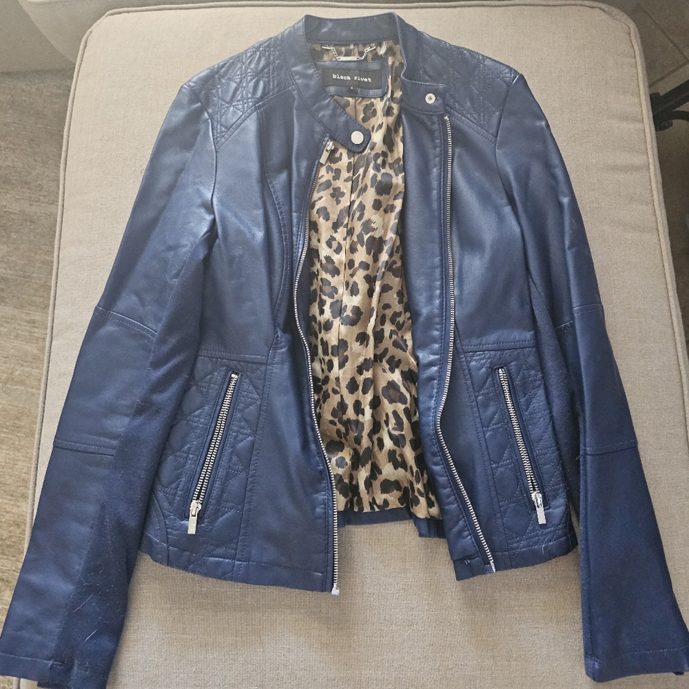 Black Rivet Blue Leather Jacket with Cropped Silhouette